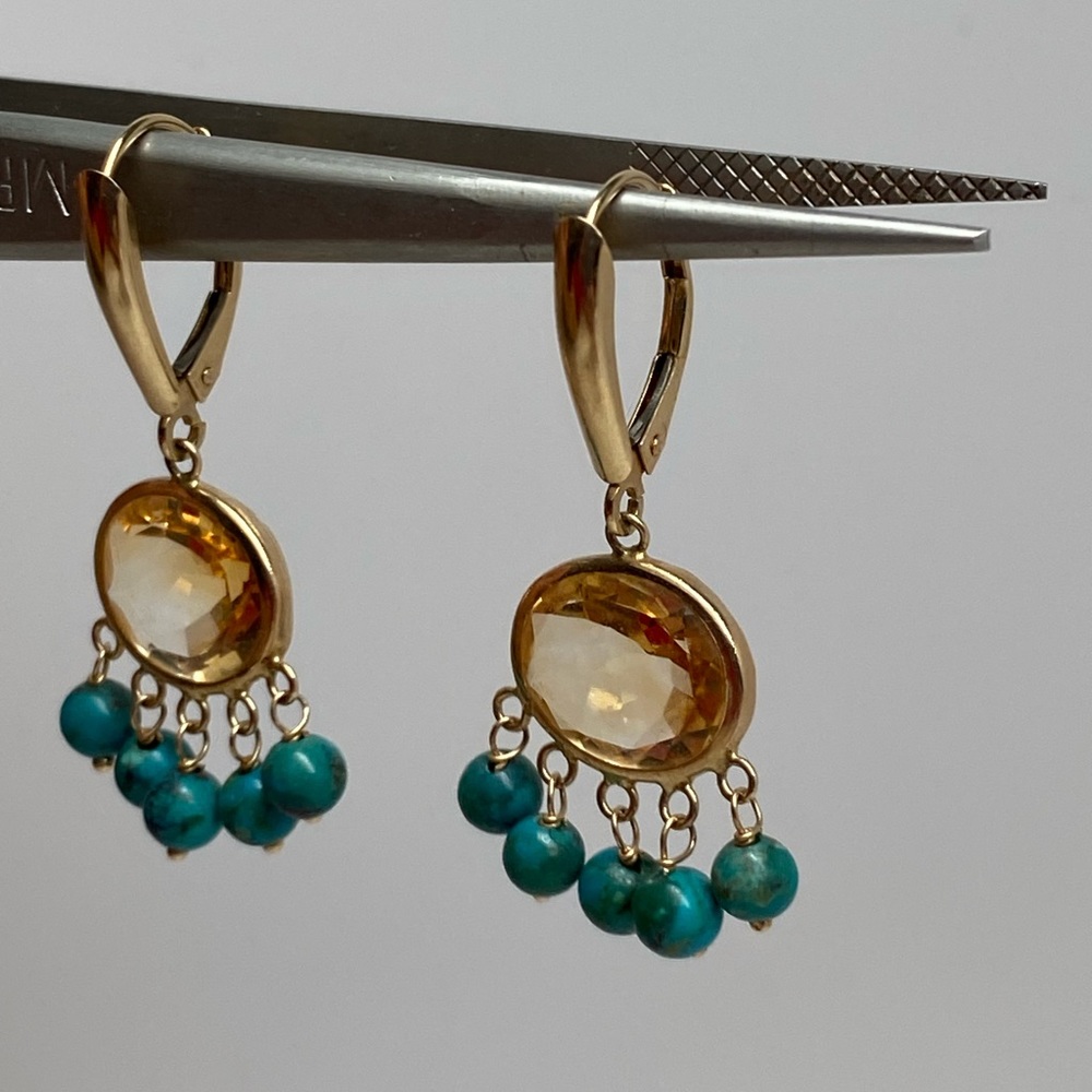 14K Yellow Gold Bezel Citrine and Turquoise Bead Dangle Leverback Earrings - Picture 9 of 15